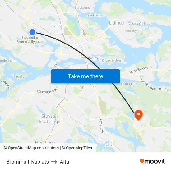 Bromma Flygplats to Älta map