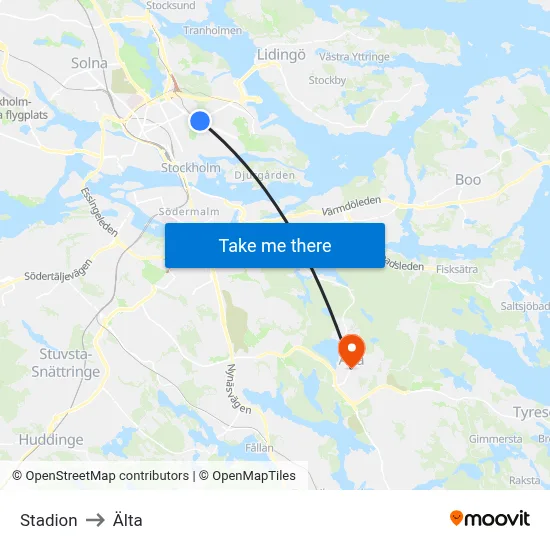 Stadion to Älta map