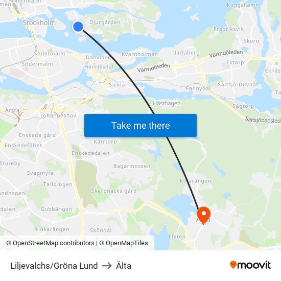 Liljevalchs/Gröna Lund to Älta map