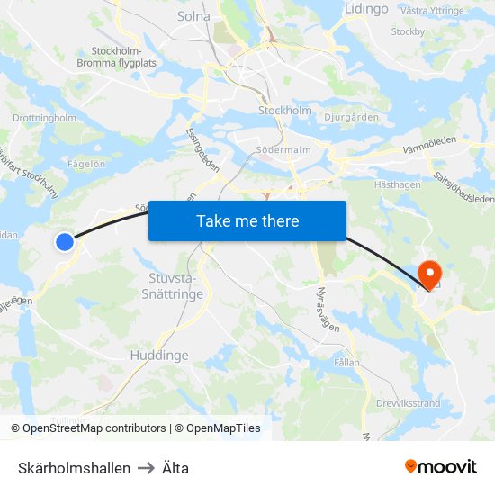 Skärholmshallen to Älta map