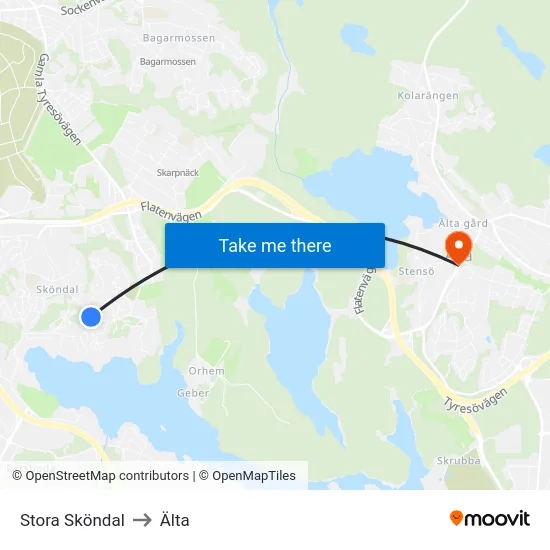 Stora Sköndal to Älta map