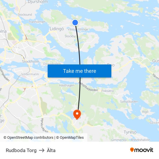 Rudboda Torg to Älta map
