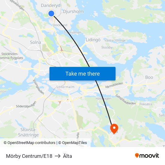 Mörby Centrum/E18 to Älta map