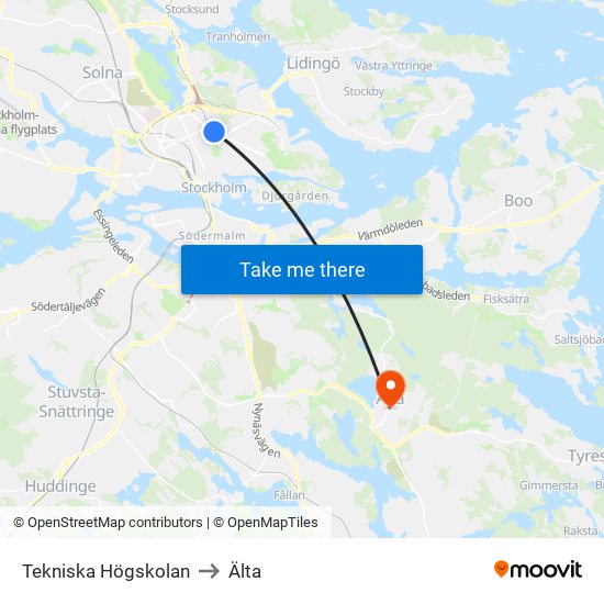 Tekniska Högskolan to Älta map