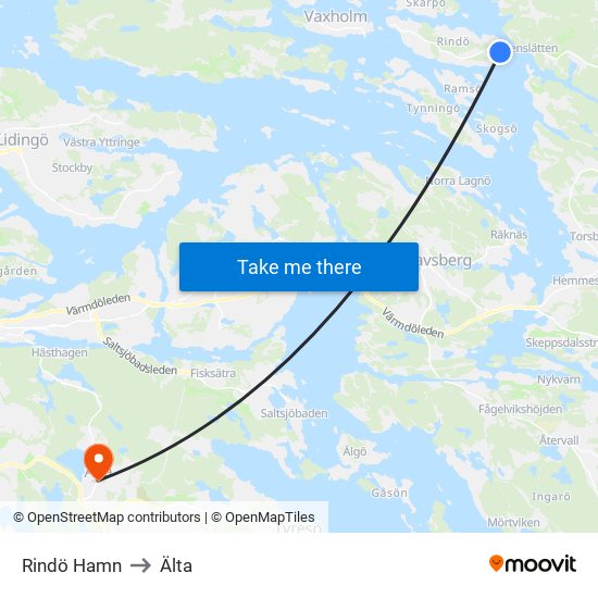 Rindö Hamn to Älta map