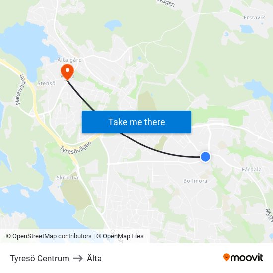 Tyresö Centrum to Älta map