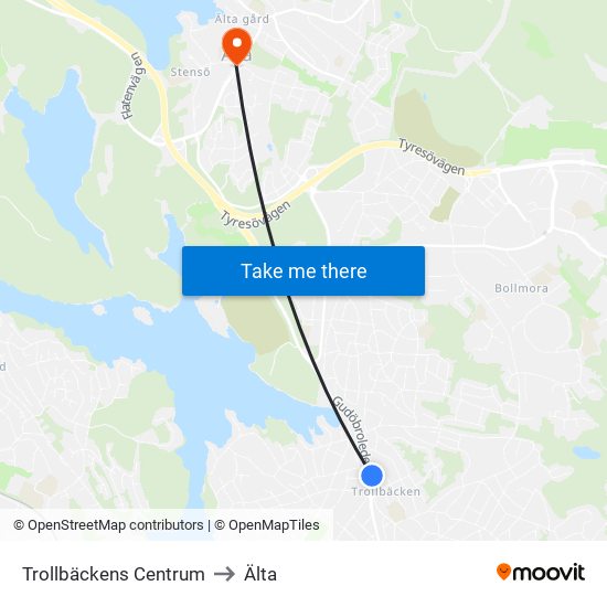 Trollbäckens Centrum to Älta map