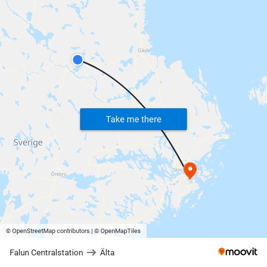 Falun Centralstation to Älta map