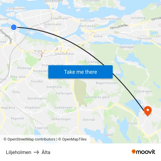 Liljeholmen to Älta map