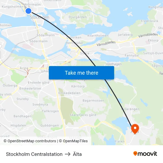 Stockholm Centralstation to Älta map