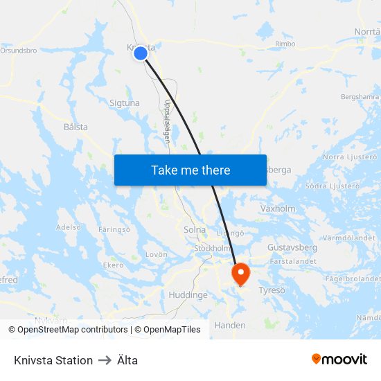 Knivsta Station to Älta map