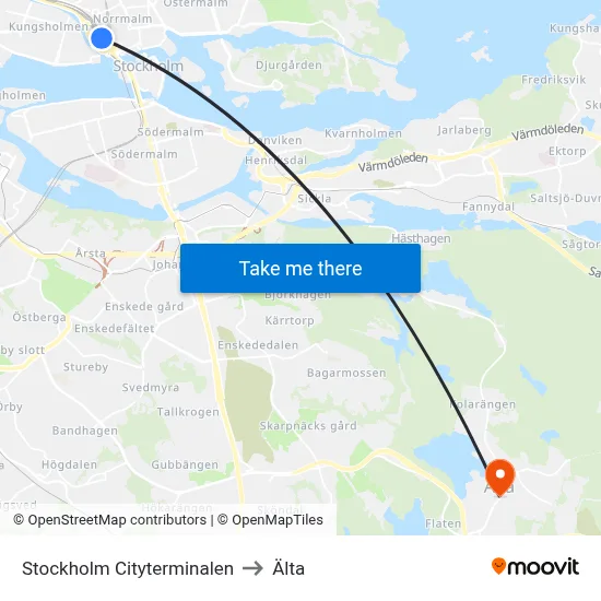 Stockholm Cityterminalen to Älta map