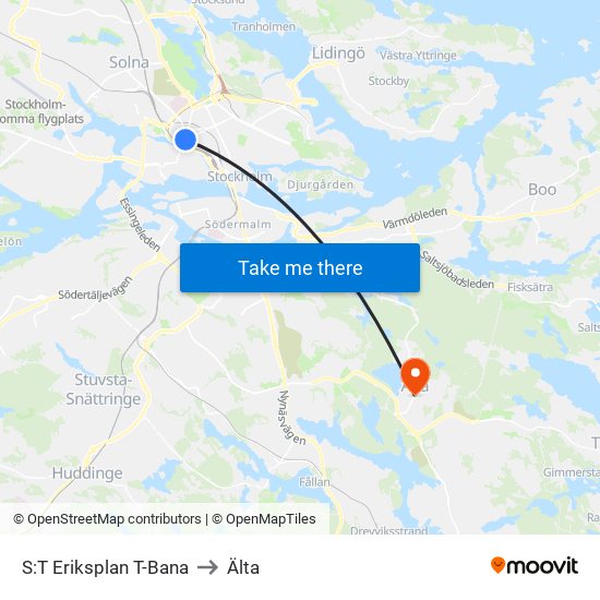 S:T Eriksplan T-Bana to Älta map