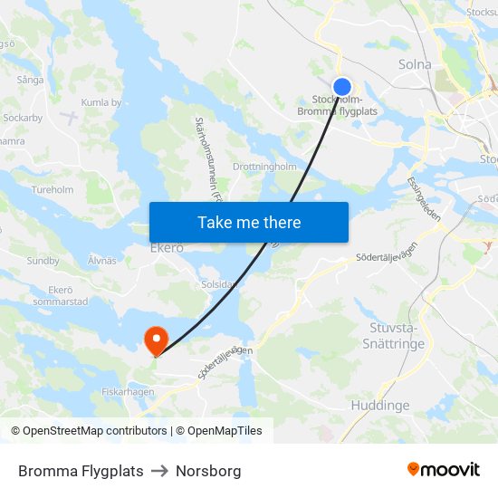 Bromma Flygplats to Norsborg map