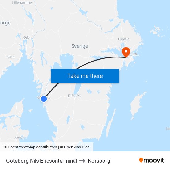 Göteborg Nils Ericsonterminal to Norsborg map