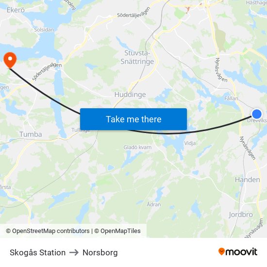 Skogås Station to Norsborg map