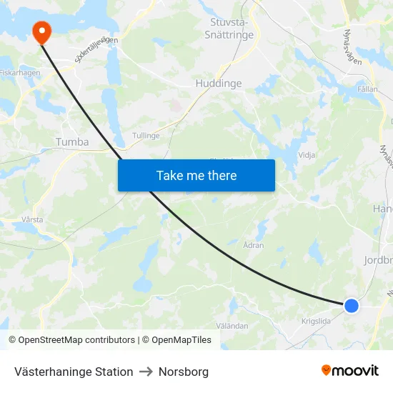 Västerhaninge Station to Norsborg map