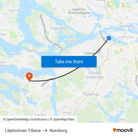 Liljeholmen T-Bana to Norsborg map