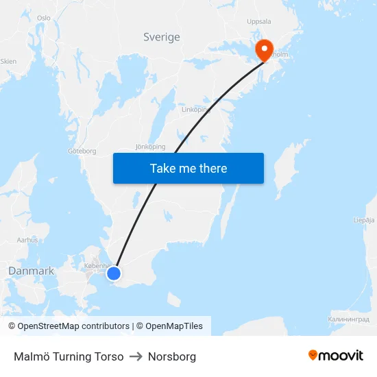 Malmö Turning Torso to Norsborg map