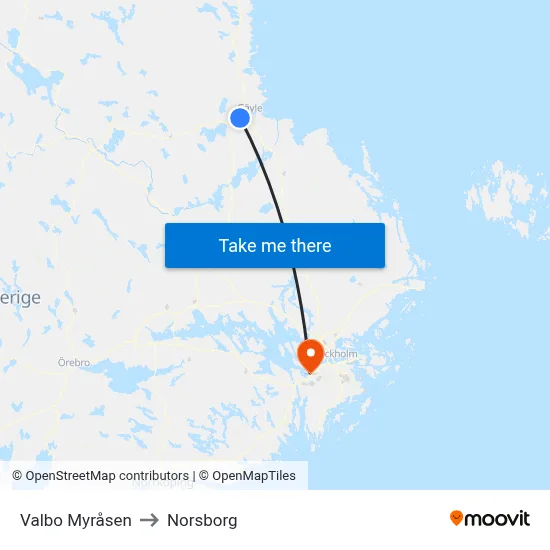 Valbo Myråsen to Norsborg map