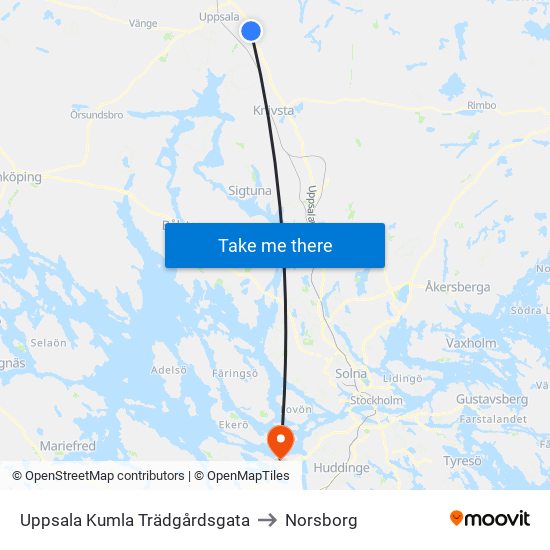 Uppsala Kumla Trädgårdsgata to Norsborg map