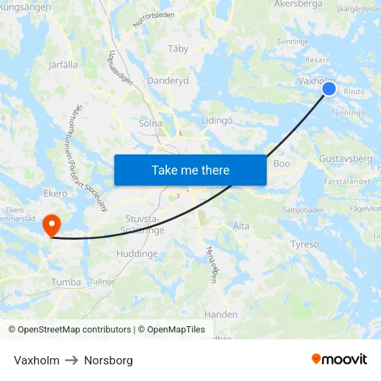 Vaxholm to Norsborg map