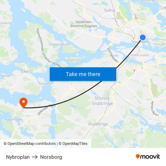 Nybroplan to Norsborg map