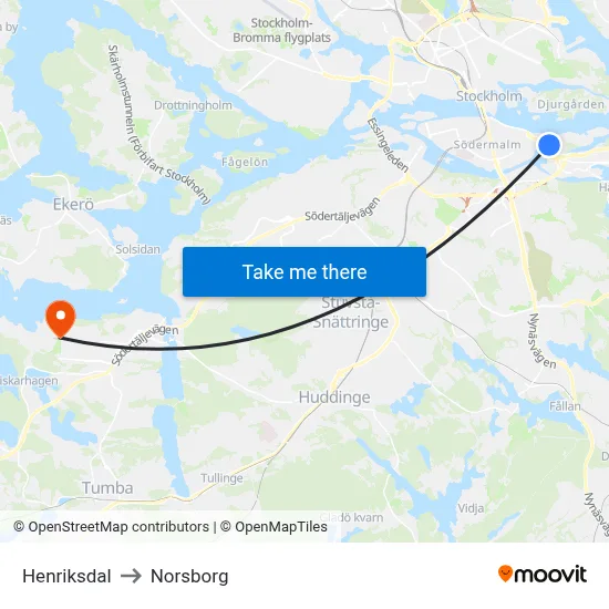 Henriksdal to Norsborg map