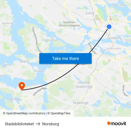 Stadsbiblioteket to Norsborg map