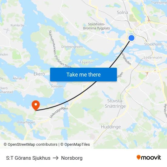 S:T Görans Sjukhus to Norsborg map