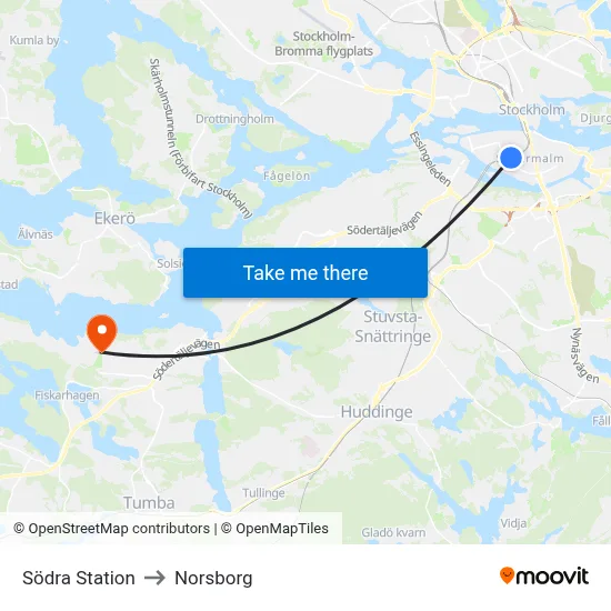 Södra Station to Norsborg map