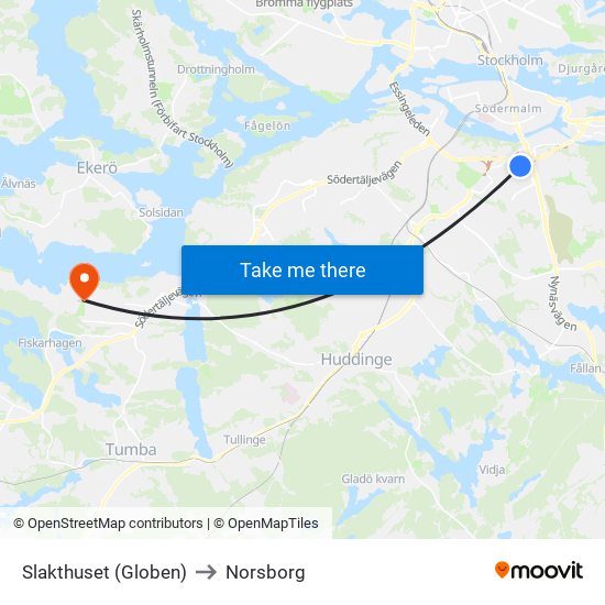 Slakthuset (Globen) to Norsborg map