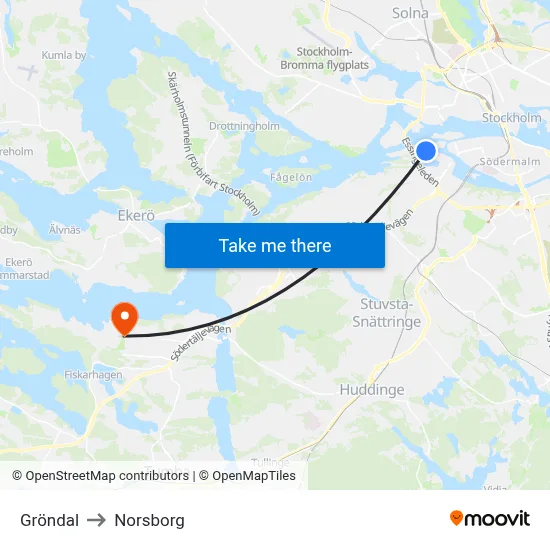 Gröndal to Norsborg map
