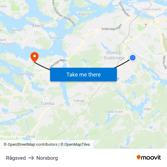 Rågsved to Norsborg map