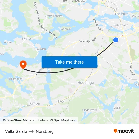 Valla Gärde to Norsborg map
