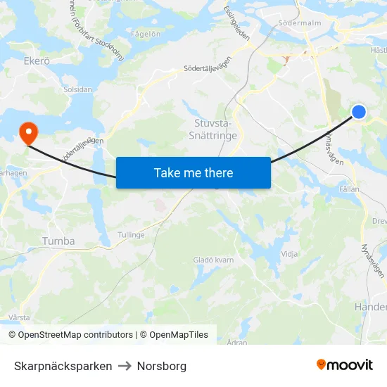 Skarpnäcksparken to Norsborg map