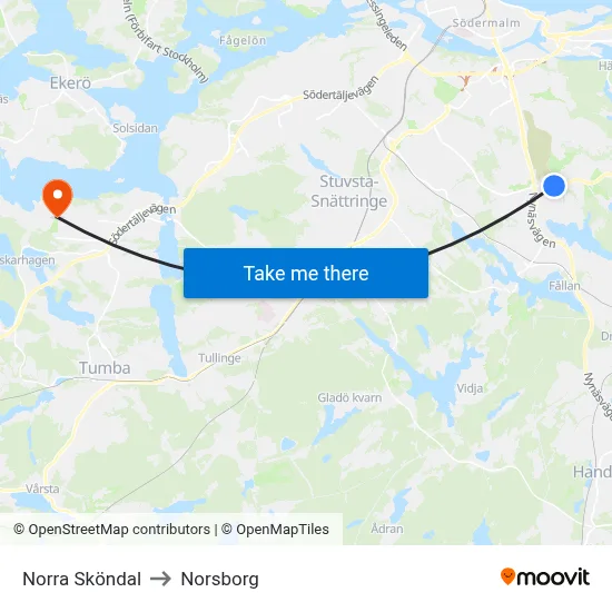 Norra Sköndal to Norsborg map
