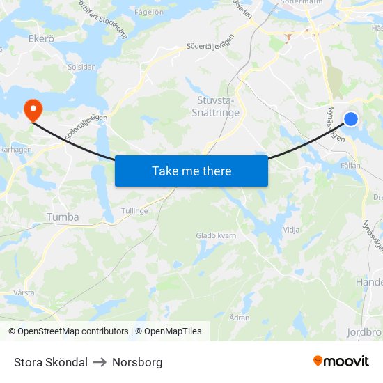 Stora Sköndal to Norsborg map