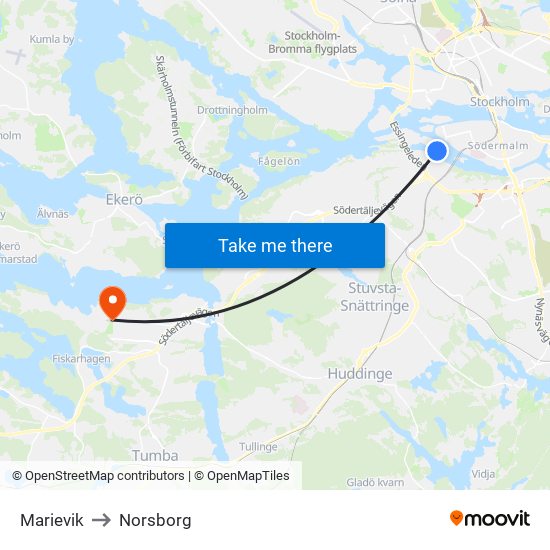 Marievik to Norsborg map