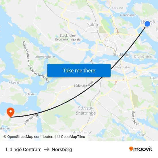 Lidingö Centrum to Norsborg map