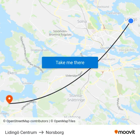 Lidingö Centrum to Norsborg map