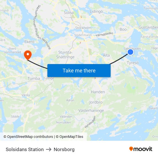 Solsidans Station to Norsborg map