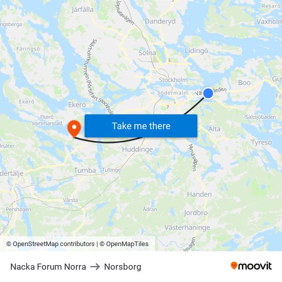 Nacka Forum Norra to Norsborg map