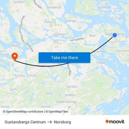 Gustavsbergs Centrum to Norsborg map