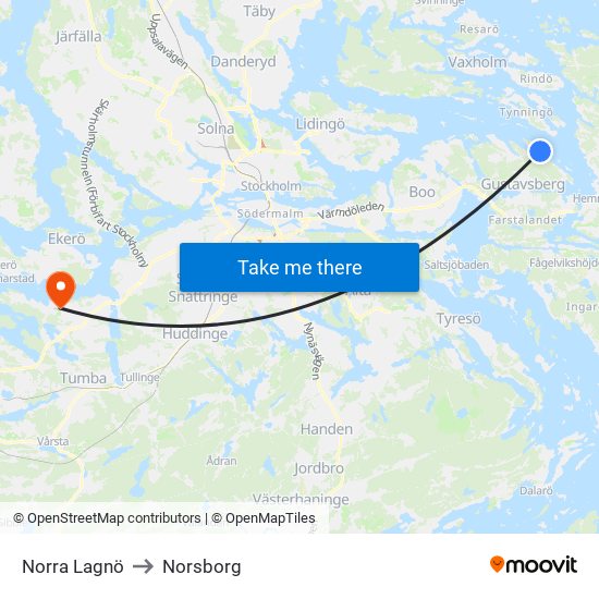 Norra Lagnö to Norsborg map