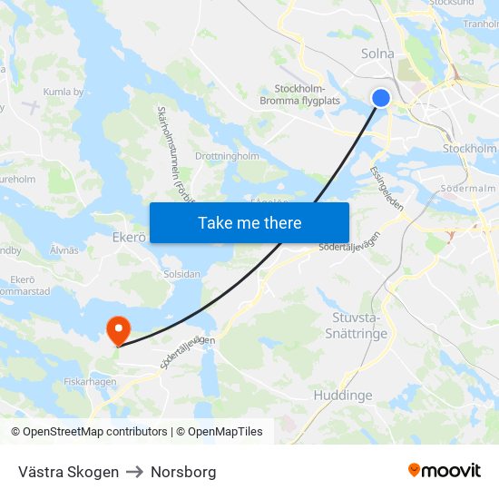 Västra Skogen to Norsborg map