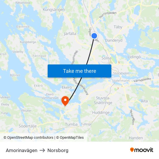 Amorinavägen to Norsborg map