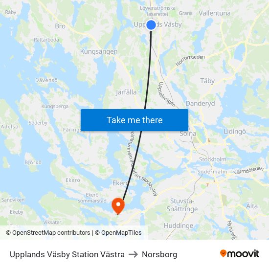 Upplands Väsby Station Västra to Norsborg map