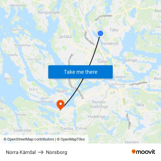 Norra Kärrdal to Norsborg map