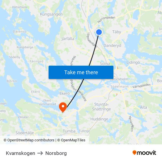 Kvarnskogen to Norsborg map